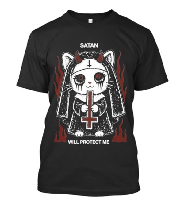 Satan Will Protect Me Goth Cat Nun Dark Aesthetic Devil Horns Fiery Flames T-Shirt