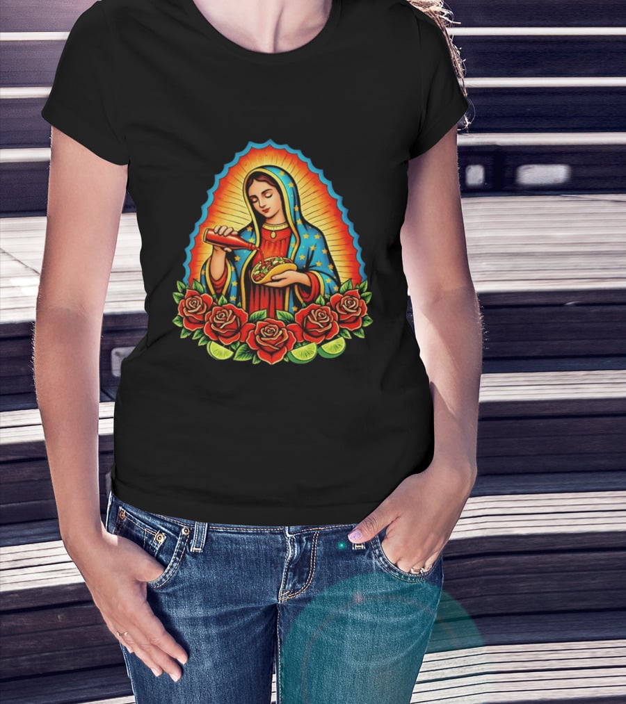 Virgen Maria With Taco And Hot Sauce Surrounded By Roses And Lime Slices T-Shirt