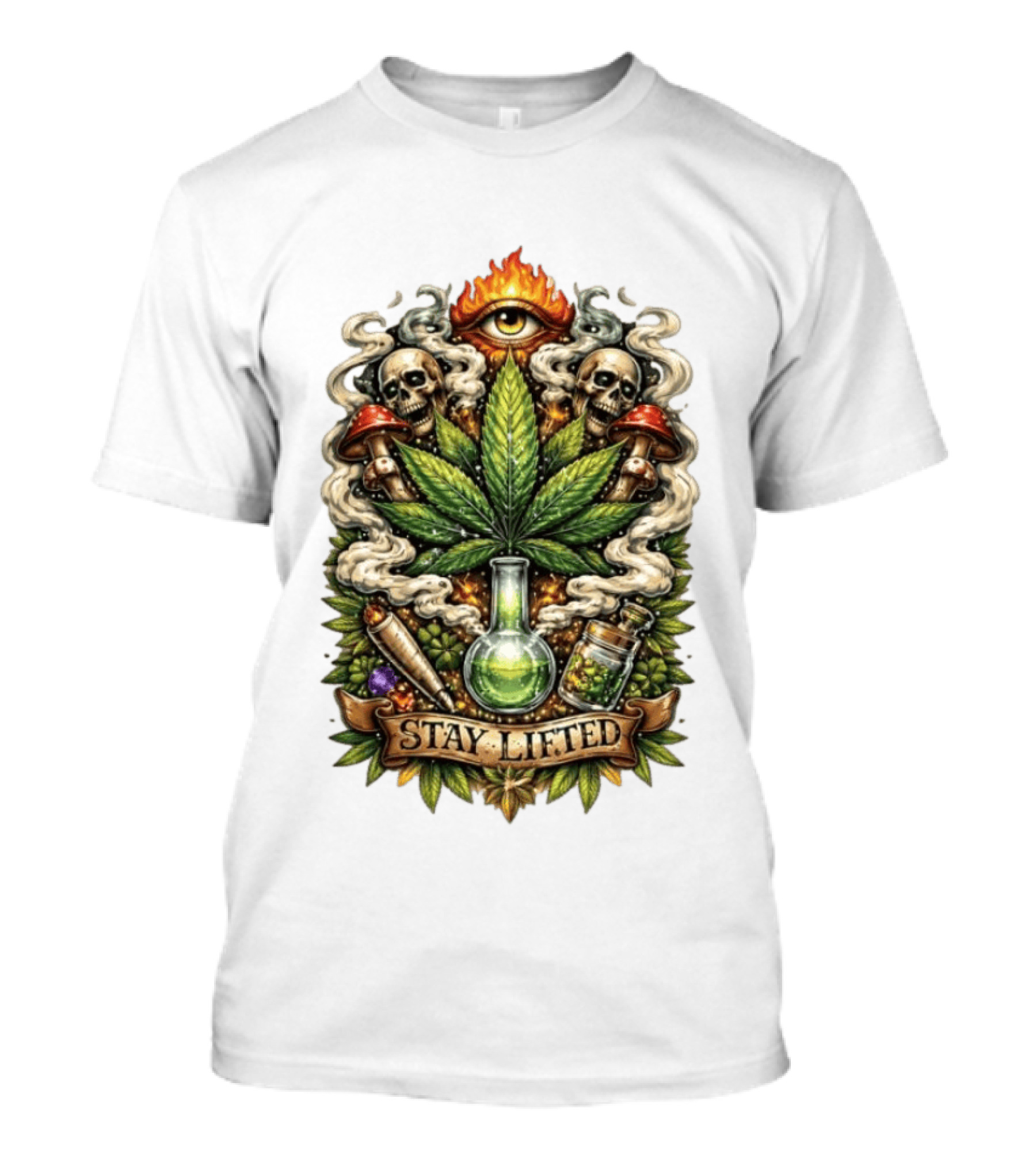 Cannabis Leaf Skull Mushroom Alchemy Eye Stay Lifted Weed Culture T-Shirt