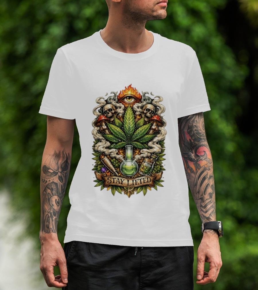 Cannabis Leaf Skull Mushroom Alchemy Eye Stay Lifted Weed Culture T-Shirt