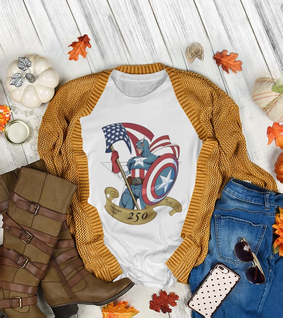 Captain America Marvel 250 E Pluribus Unum EST 1776 Patriotic Hero Shield American Flag T-Shirt