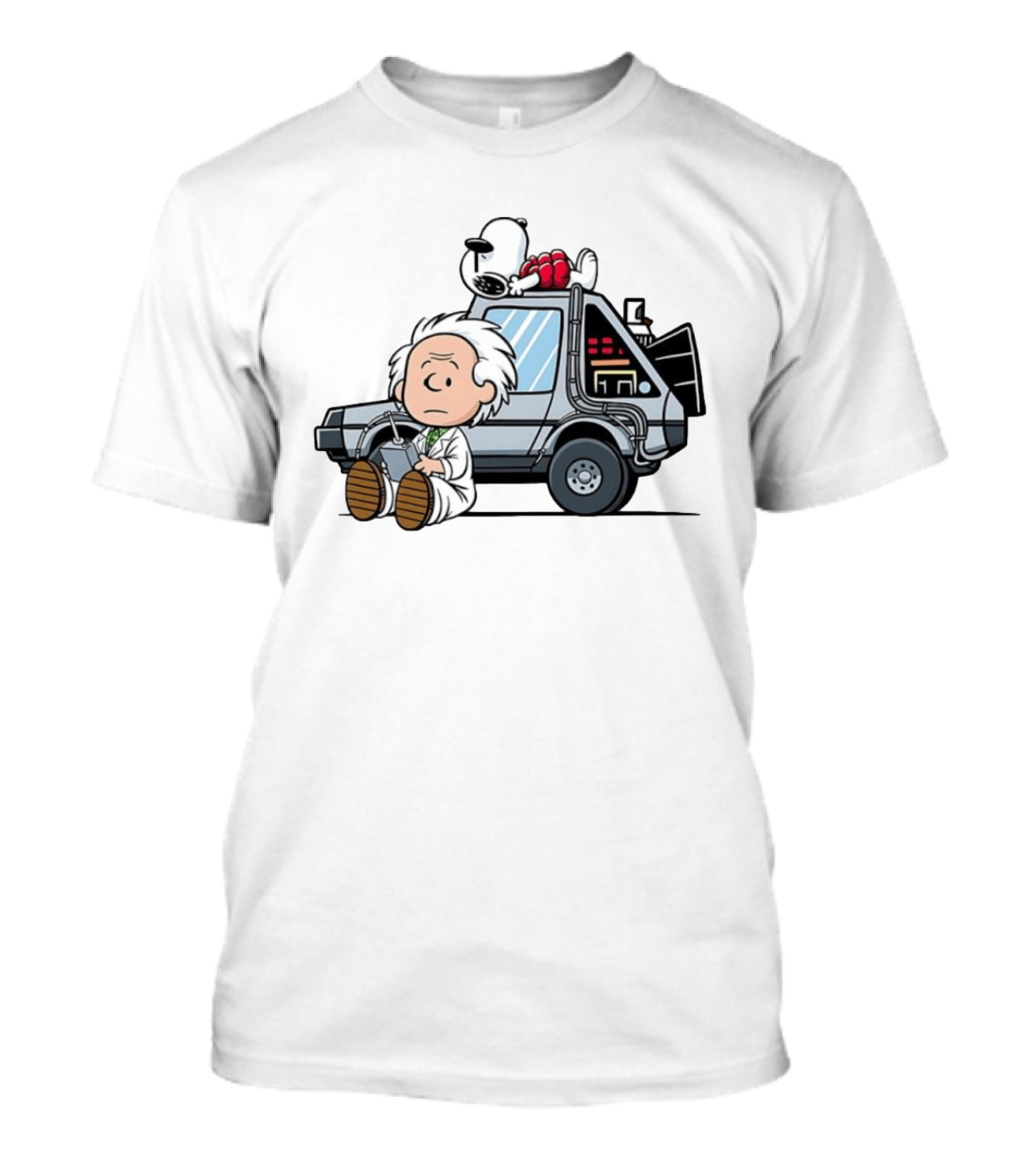 Doc Brown Snoopy Back To The Future Delorean Time Machine Cartoon Mashup T-Shirt