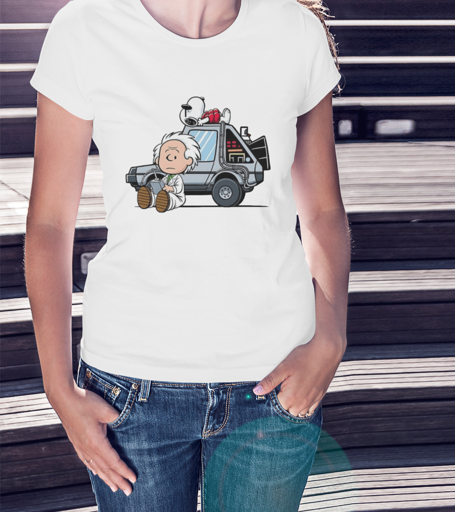 Doc Brown Snoopy Back To The Future Delorean Time Machine Cartoon Mashup T-Shirt