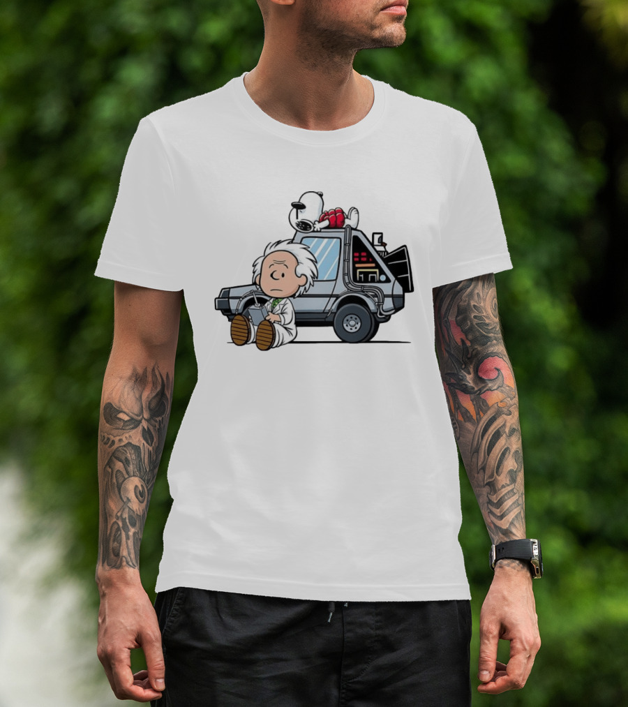 Doc Brown Snoopy Back To The Future Delorean Time Machine Cartoon Mashup T-Shirt