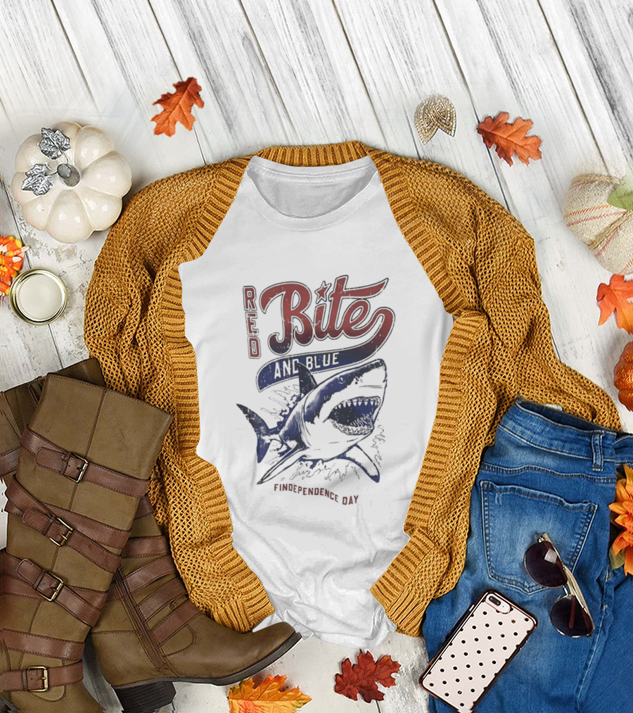 Red Bite and Blue Shark Findependence Day T-Shirt