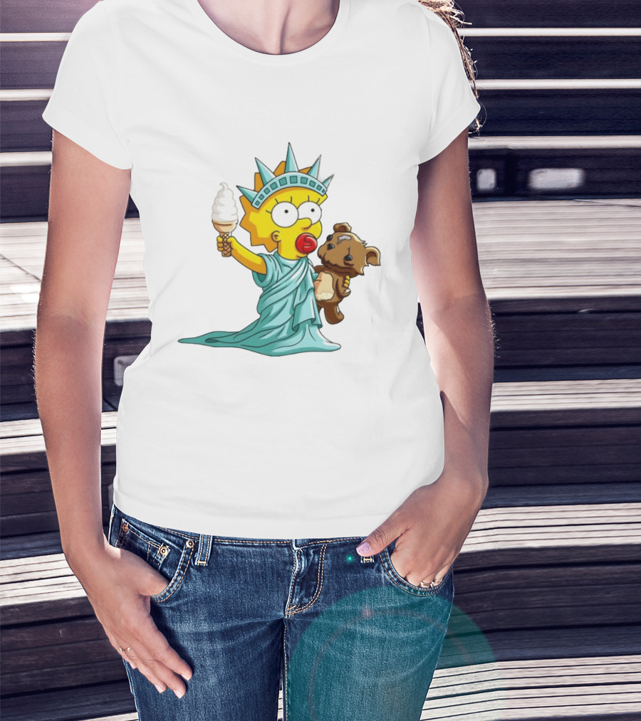 Statue Of Liberty Baby With Ice Cream And Teddy Bear Cartoon T-Shirt