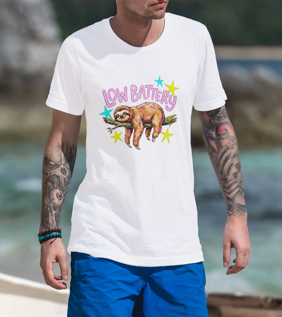 Lazy Sloth Low Battery Tired Animal With Colorful Stars T-Shirt