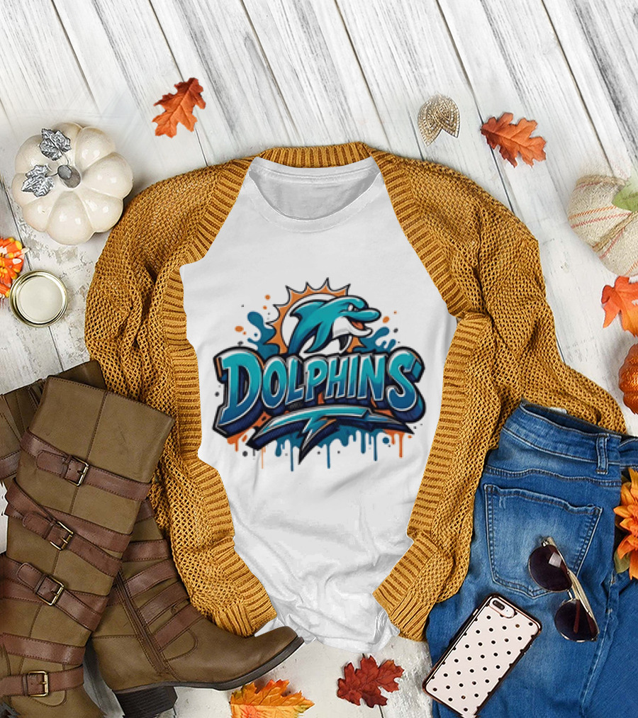 Miami Dolphins Graffiti Football Dolphins Splash Blue Orange T-Shirt