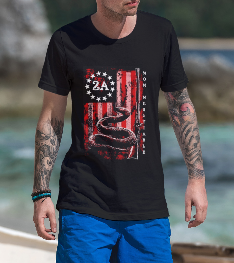 2A Non Negotiable Second Amendment Snake Musket Flag Distressed Stars Stripes T-Shirt