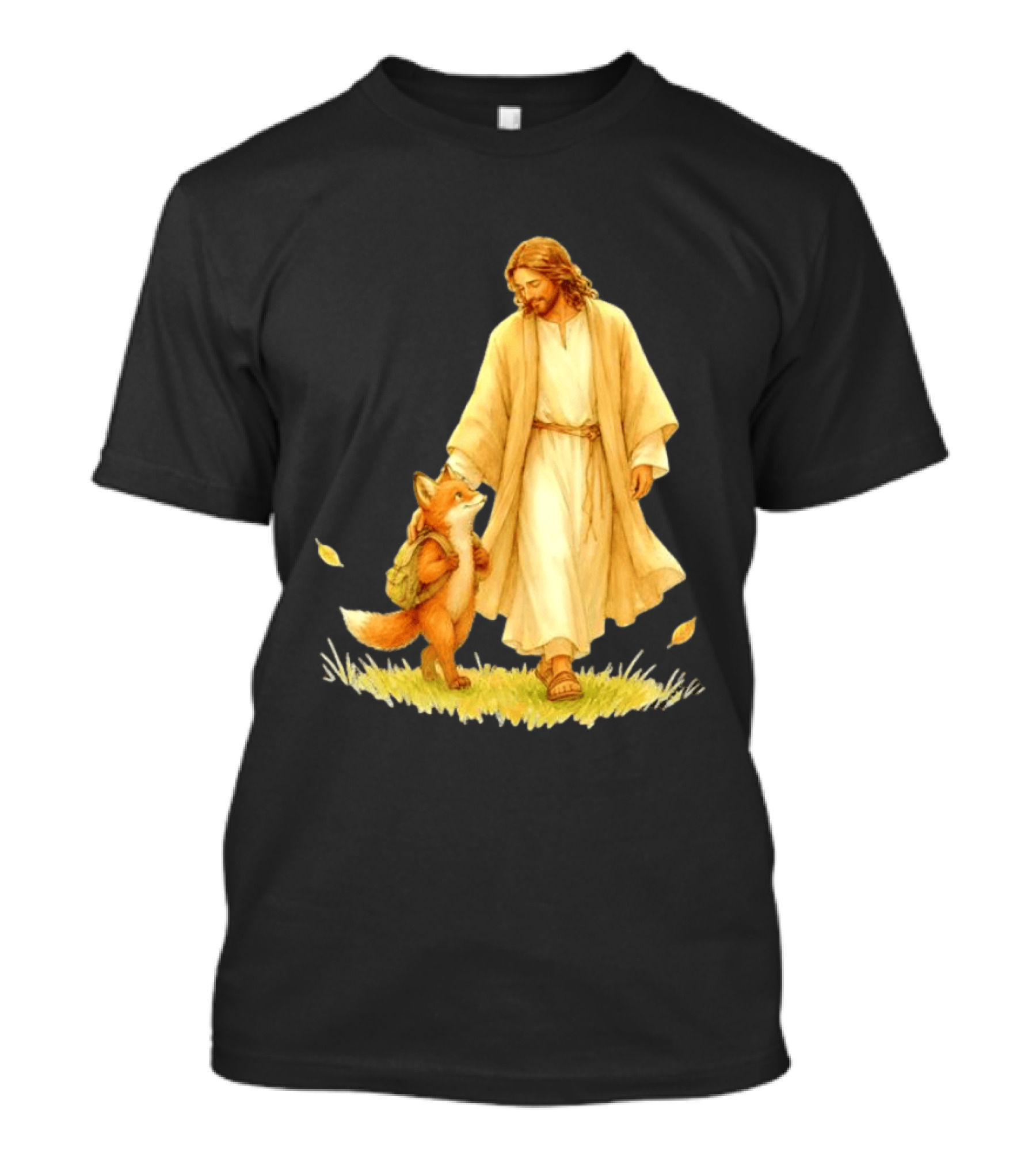 Jesus Christ And Fox Companion With Backpack In Nature Scene T-Shirt