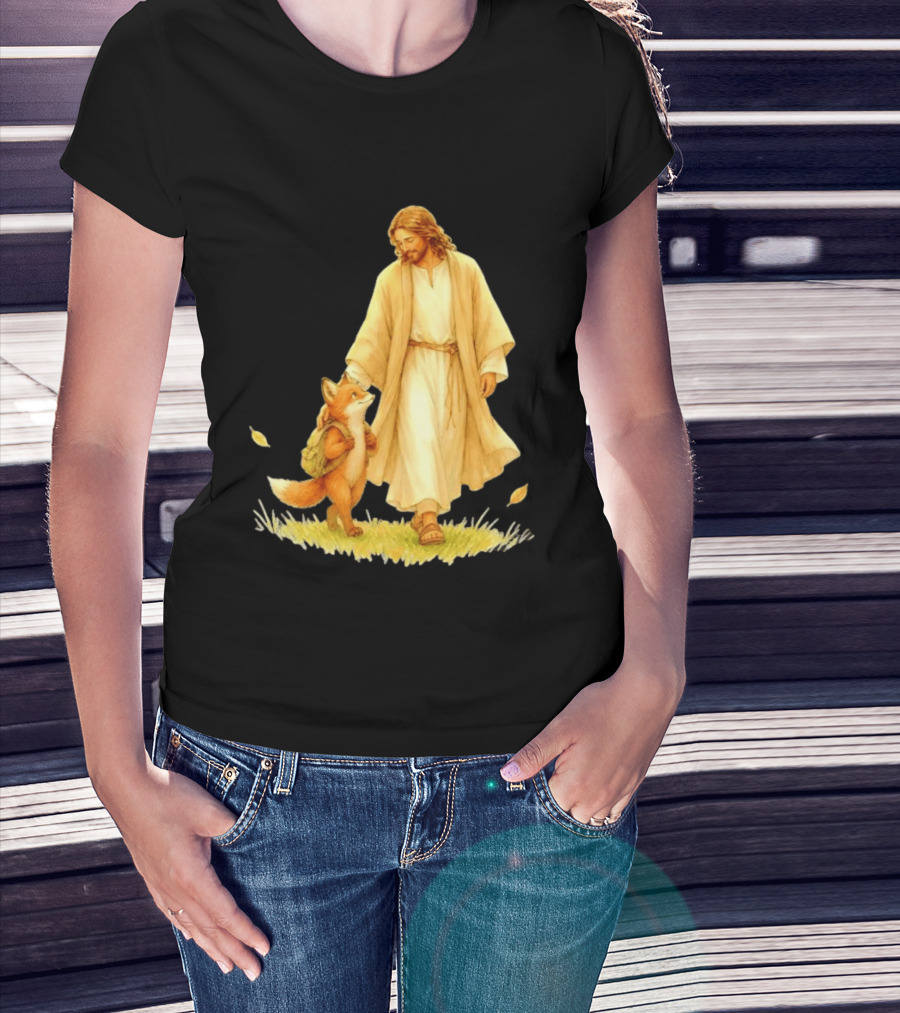 Jesus Christ And Fox Companion With Backpack In Nature Scene T-Shirt
