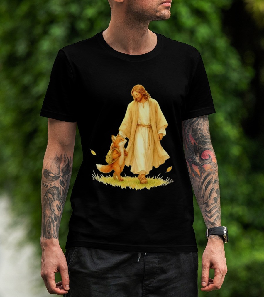 Jesus Christ And Fox Companion With Backpack In Nature Scene T-Shirt
