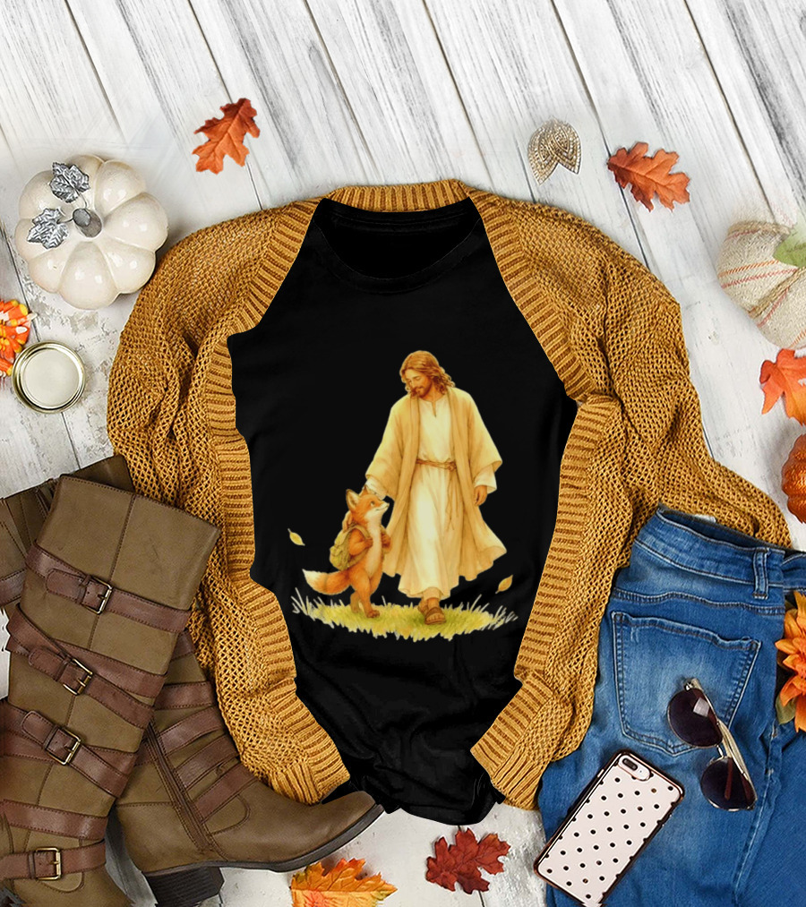 Jesus Christ and Fox Companion with Backpack in Nature Scene T-Shirt