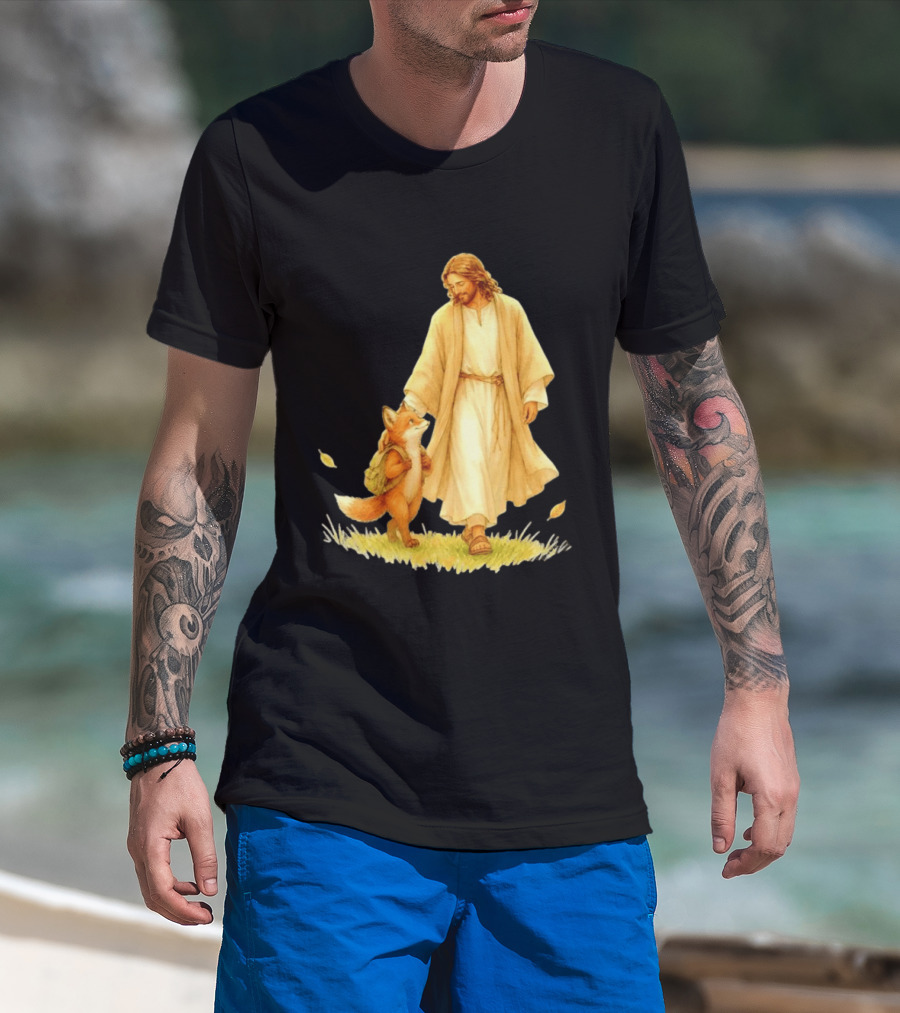 Jesus Christ And Fox Companion With Backpack In Nature Scene T-Shirt