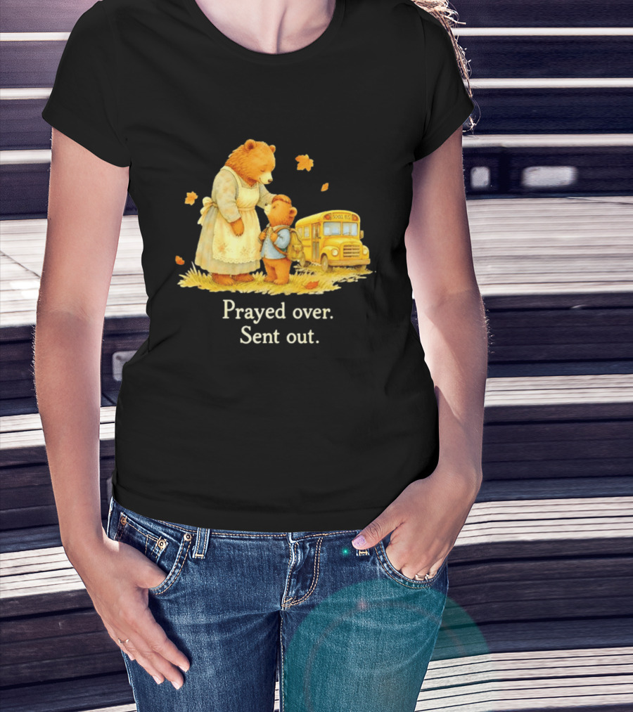 Mama Bear And Cub School Bus Prayed Over Sent Out Back To School Autumn Scene T-Shirt