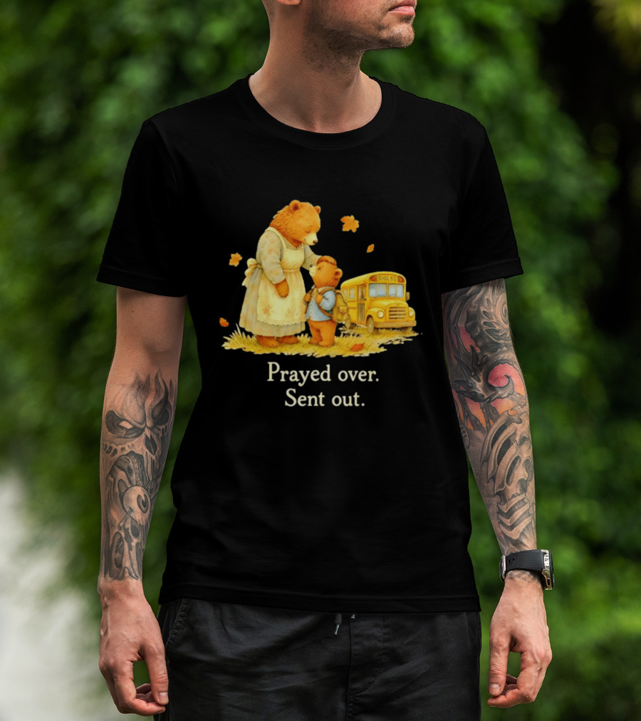Mama Bear And Cub School Bus Prayed Over Sent Out Back To School Autumn Scene T-Shirt
