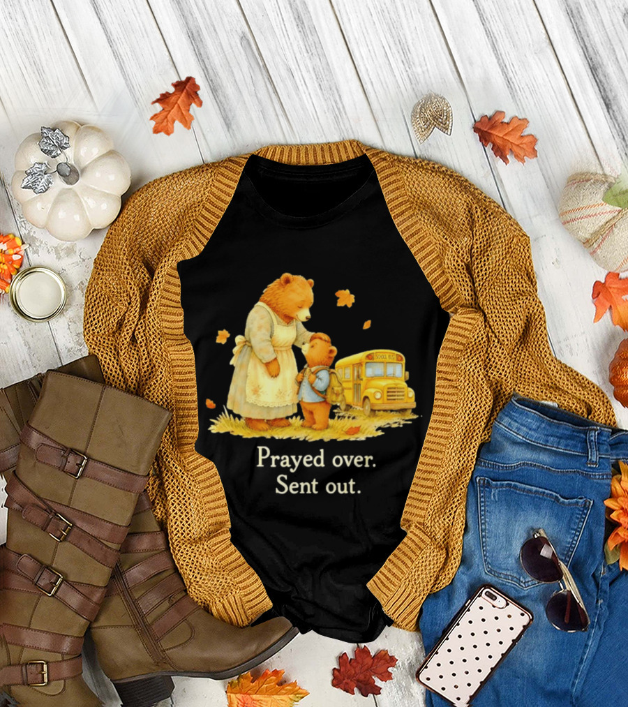 Mama Bear and Cub School Bus Prayed Over Sent Out Back to School Autumn Scene T-Shirt