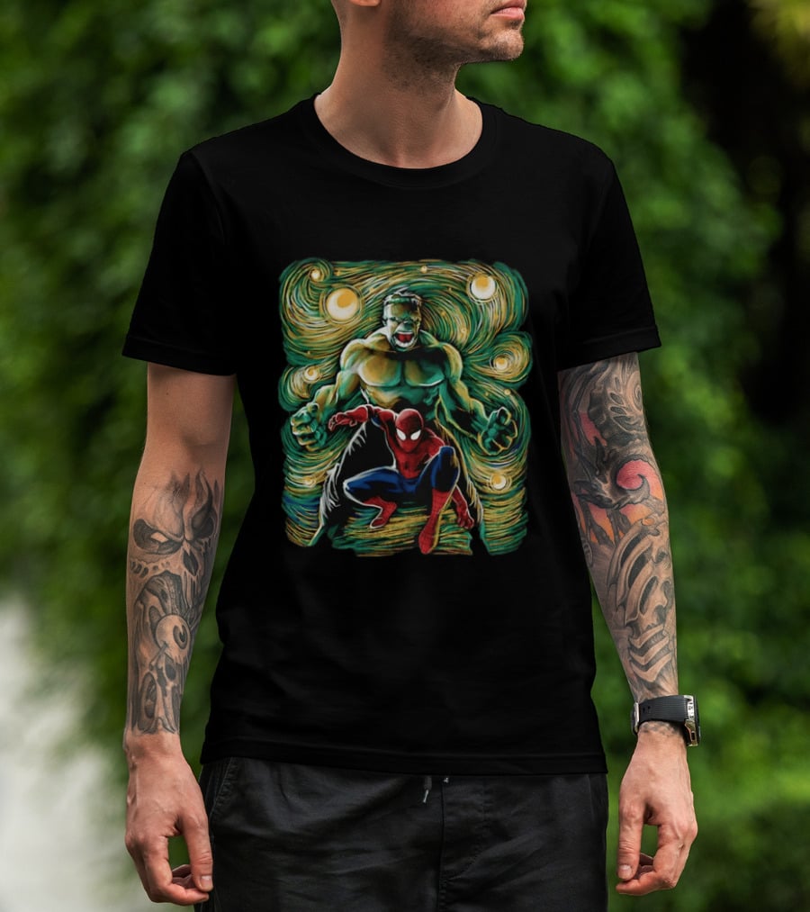 Hulk And Spider Man Marvel Comics Starry Night Sky Superhero Collaboration T-Shirt