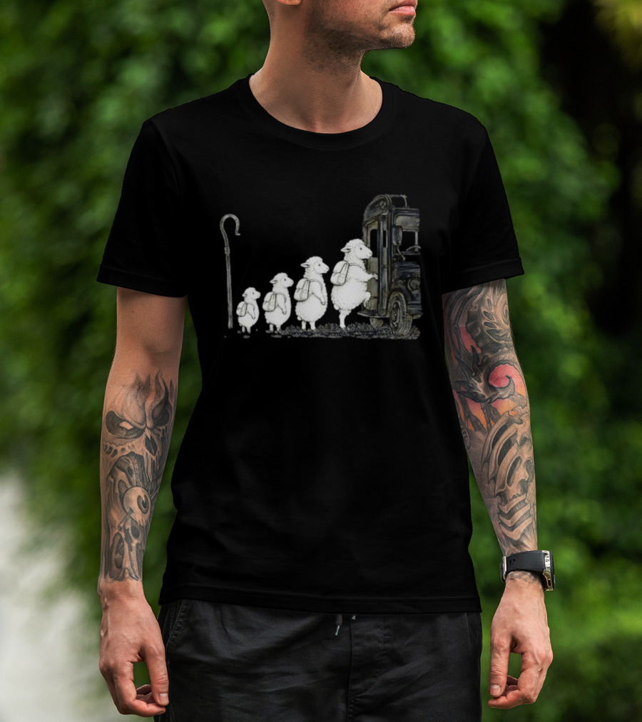 Sheep Boarding School Bus With Shepherd Staff Learning Journey T-Shirt