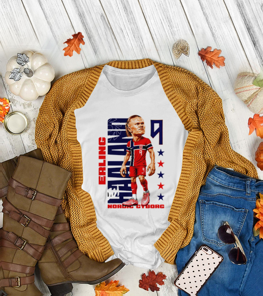 Erling Haaland No 9 Nordic Cyborg Stars and Stripes Caricature T-Shirt