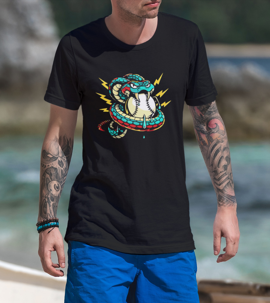 Snake Wrapped Around Baseball Surrounded By Lightning Strikes T-Shirt