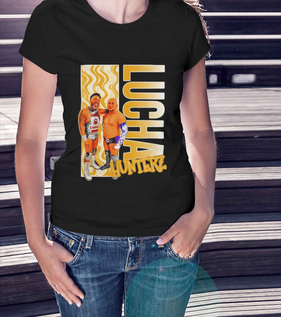 Lucha Hunterz Wrestlers Duo With Llamas And Gold Accents T-Shirt