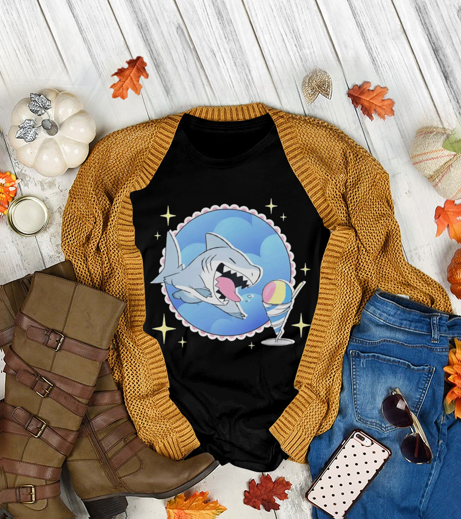 Shark Chasing Colorful Shaved Ice In Sky Circle With Stars T-Shirt