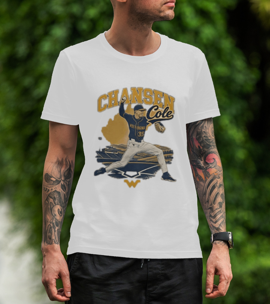 Chansen Cole West Virginia Mountaineers Baseball Player 35 Pitching Action T-Shirt