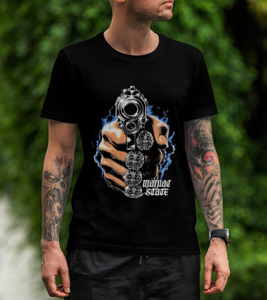 Maniac State Handgun Fist Chrome Cross Rings T-Shirt