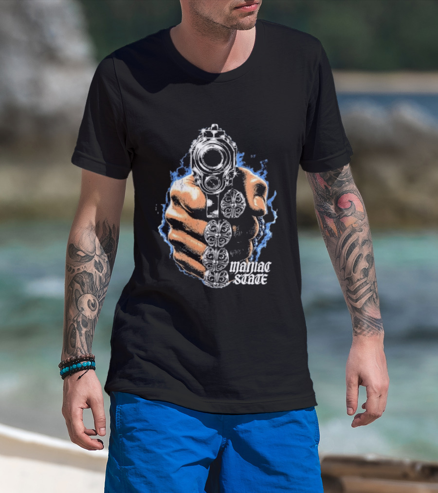 Maniac State Handgun Fist Chrome Cross Rings T-Shirt