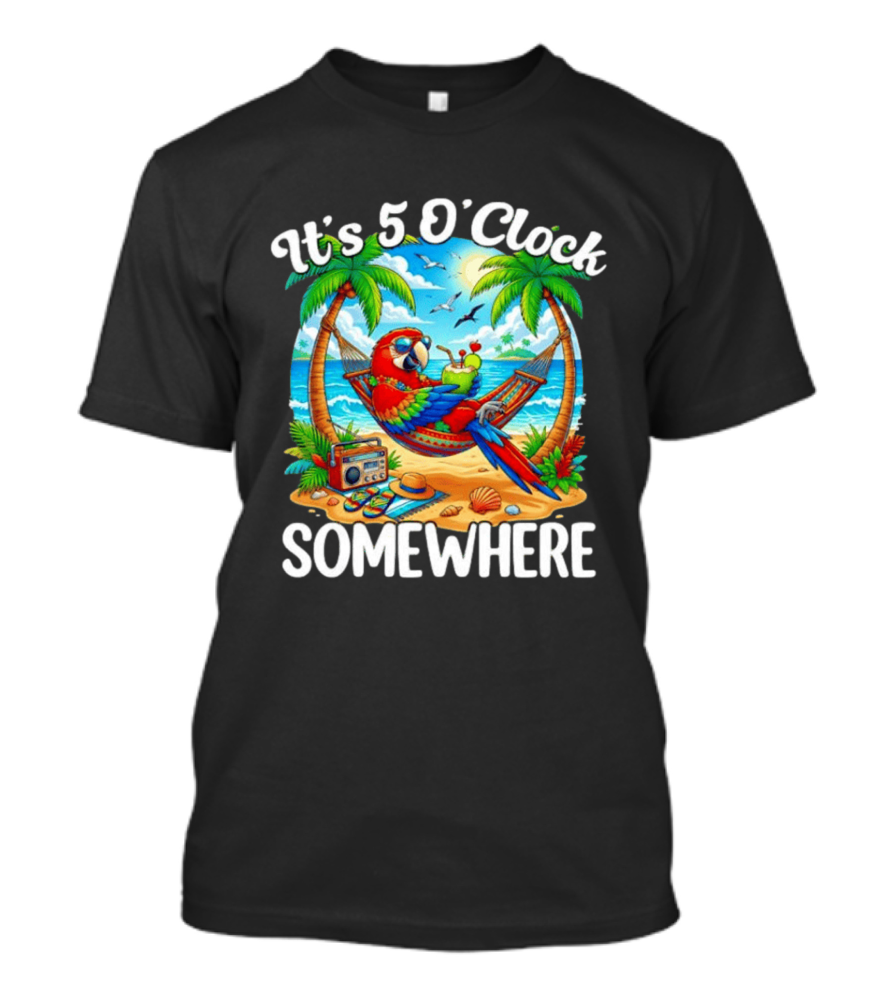 Parrot Relaxing In Hammock On Tropical Beach With It's 5 O' Somewhere Vibe T-Shirt