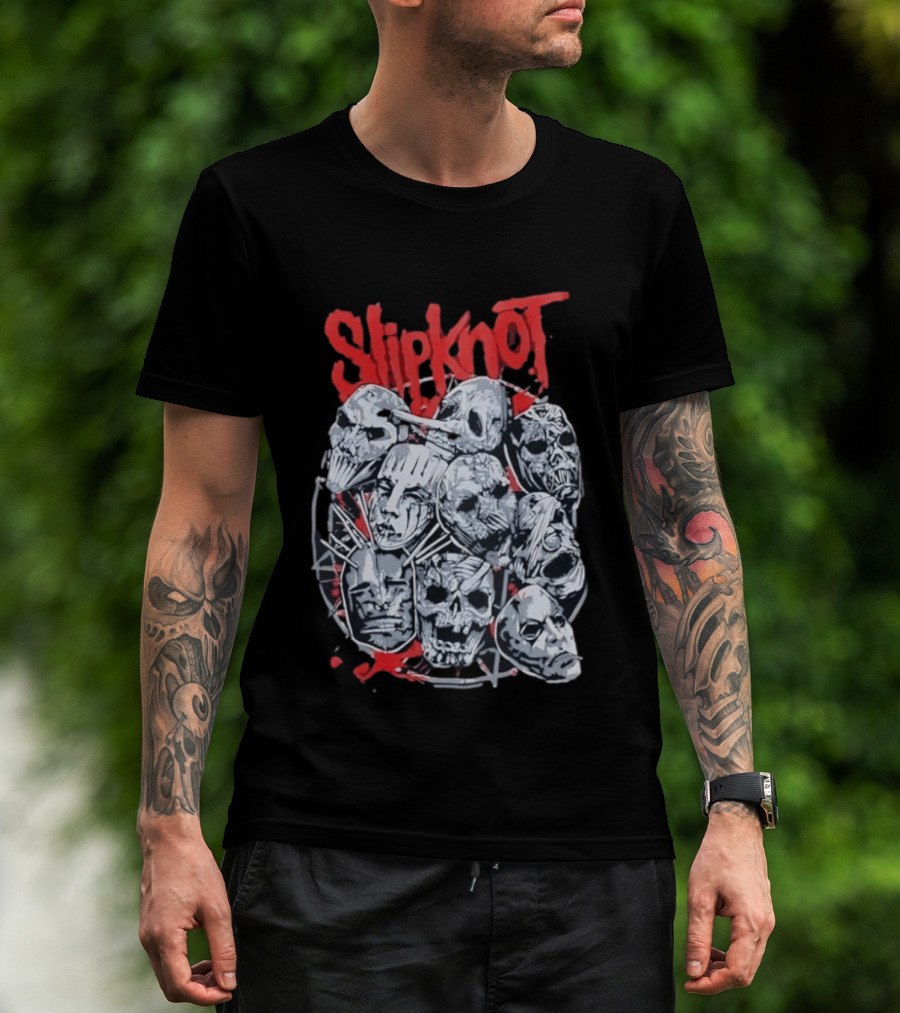 Slipknot Mask Collection With Band Name In Red T-Shirt