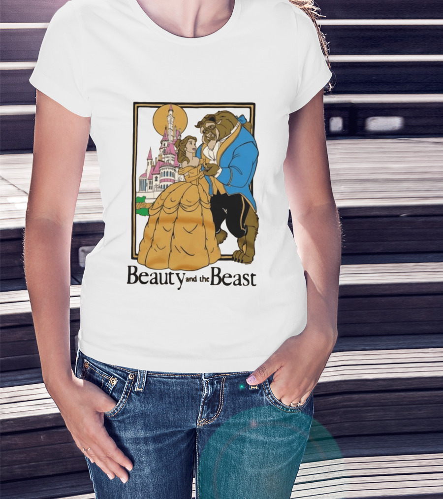 Beauty And The Beast Belle And Beast Dancing In Front Of Castle T-Shirt
