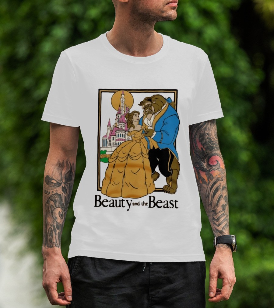 Beauty And The Beast Belle And Beast Dancing In Front Of Castle T-Shirt