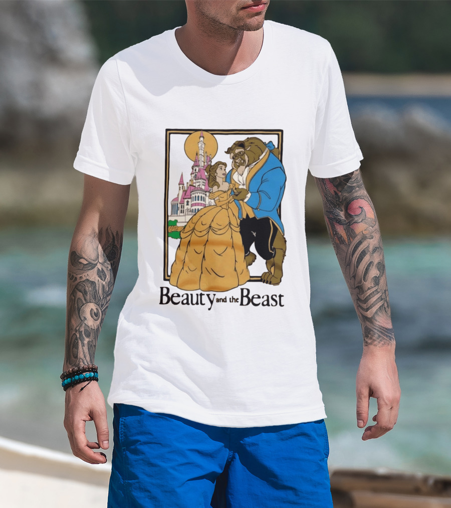 Beauty And The Beast Belle And Beast Dancing In Front Of Castle T-Shirt