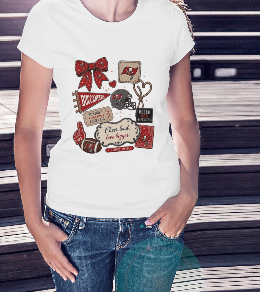 Tampa Bay Buccaneers Mom Red Floral Bow Cheer Loud Love Bigger Football Patch Collage T-Shirt