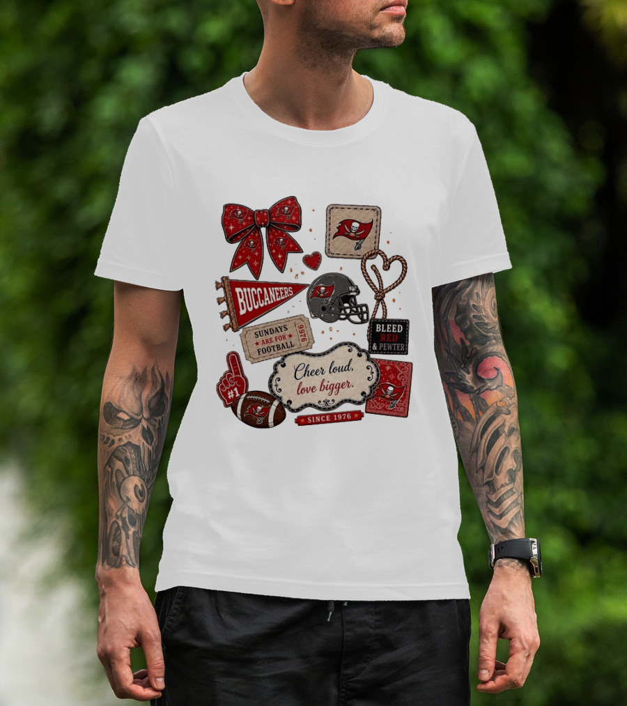 Tampa Bay Buccaneers Mom Red Floral Bow Cheer Loud Love Bigger Football Patch Collage T-Shirt