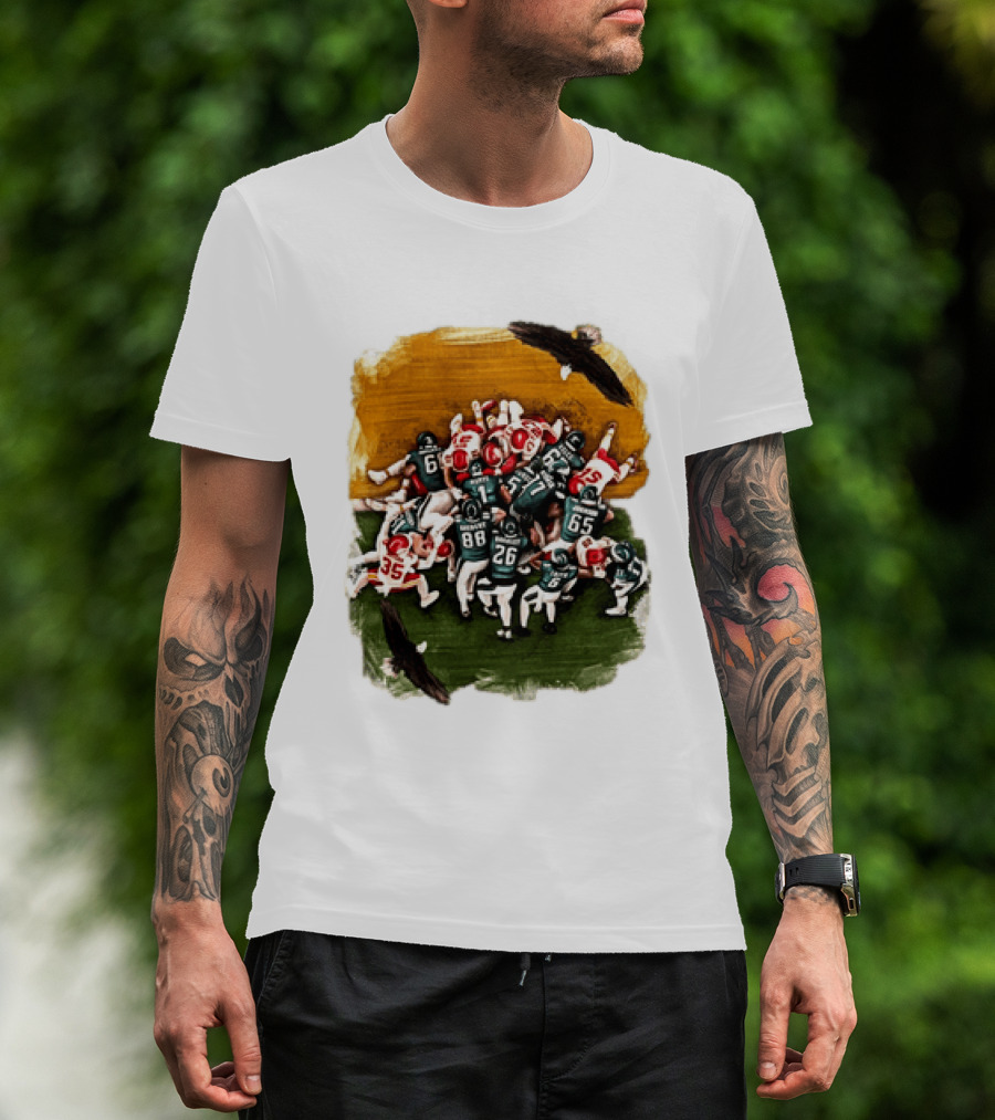 Philadelphia Eagles Tush Push Jalen Hurts Saquon Barkley Jason Kelce Action Play T-Shirt