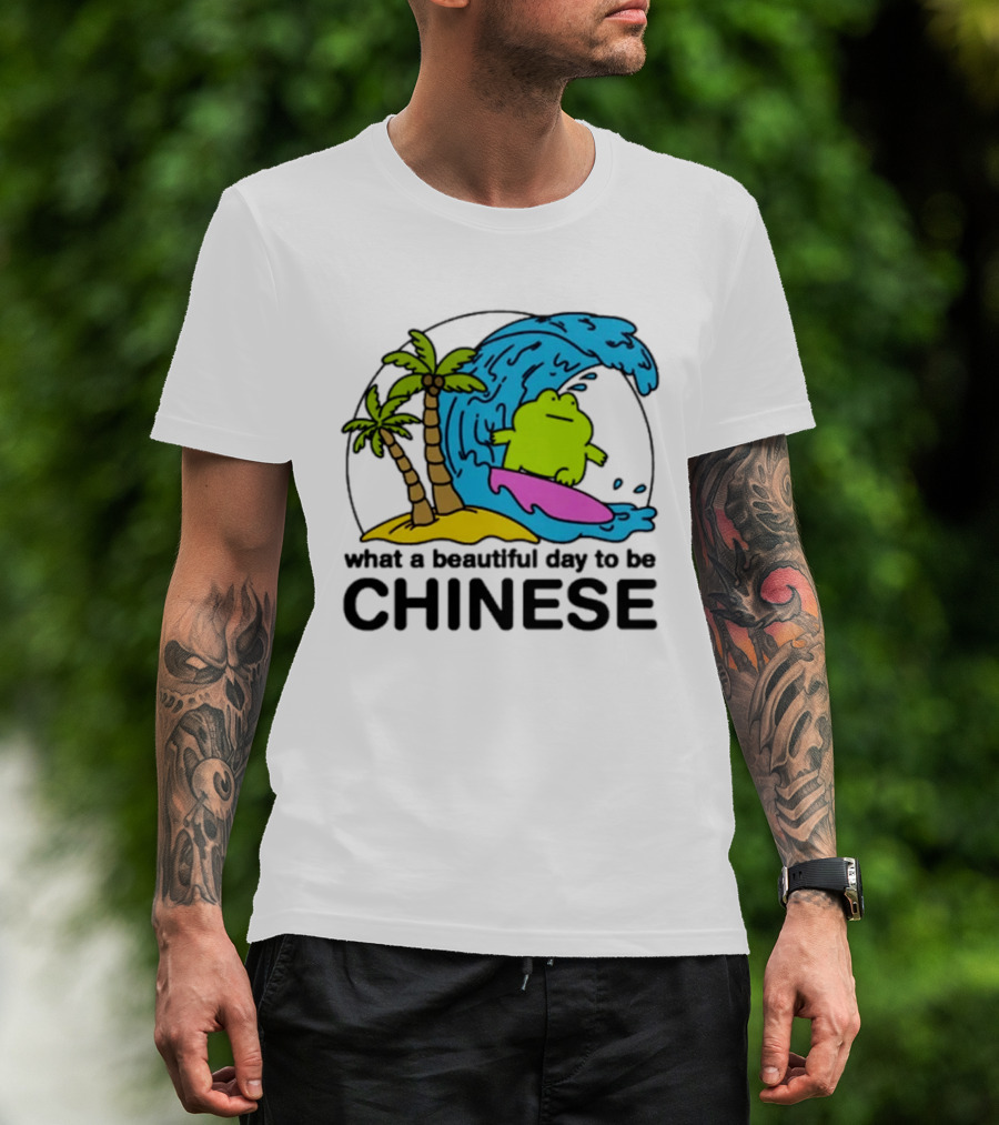 What A Beautiful Day To Be Chinese Surfing Frog With Palm Trees And Waves T-Shirt