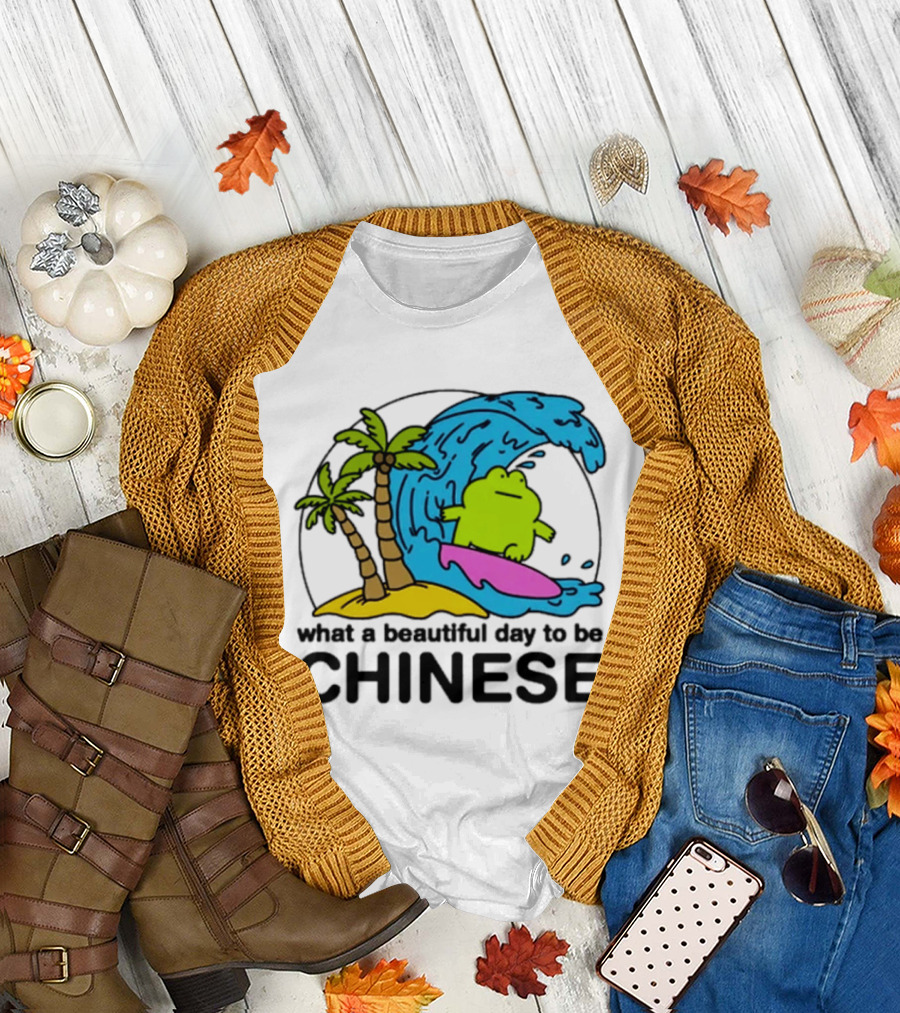 What a Beautiful Day to Be Chinese Surfing Frog with Palm Trees and Waves T-Shirt