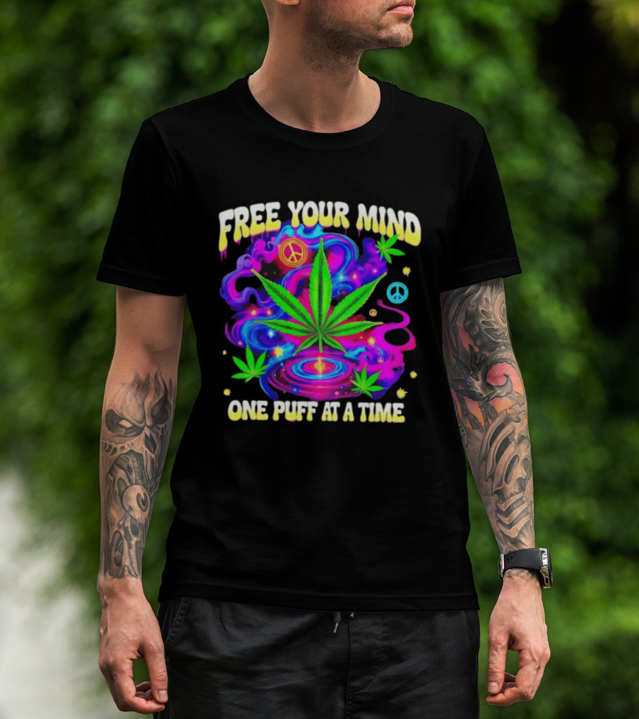 Psychedelic Cannabis Leaf Peace Sign Free Your Mind One Puff At A Time Trippy T-Shirt