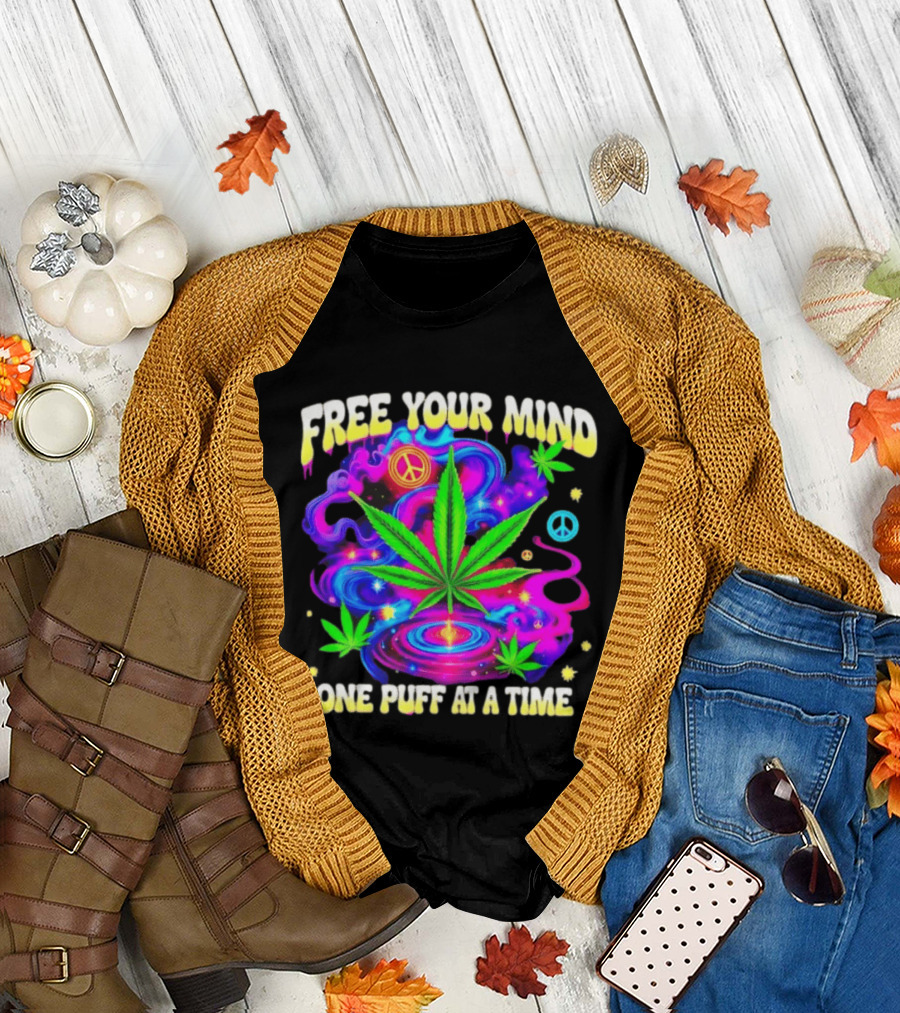 Psychedelic Cannabis Leaf Peace Sign Free Your Mind One Puff at a Time Trippy T-Shirt