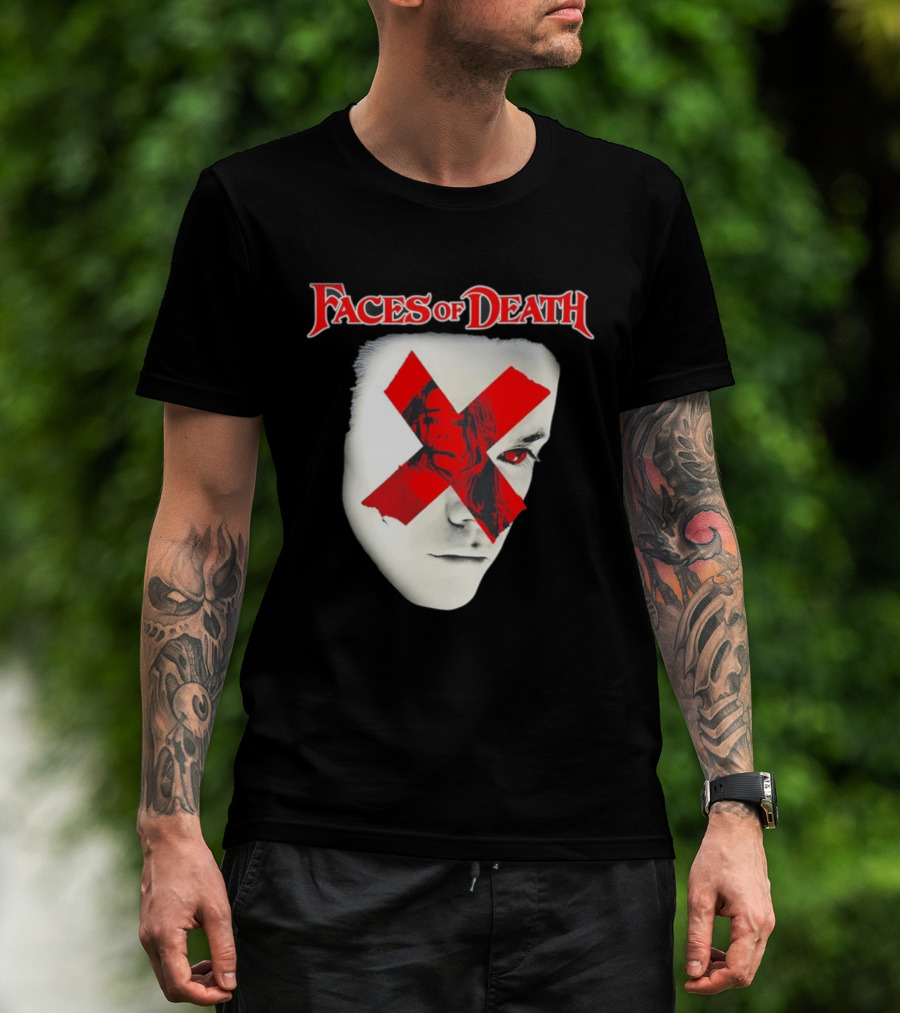 Faces Of Death Horror Movie Red X Iconic Scream Mask T-Shirt