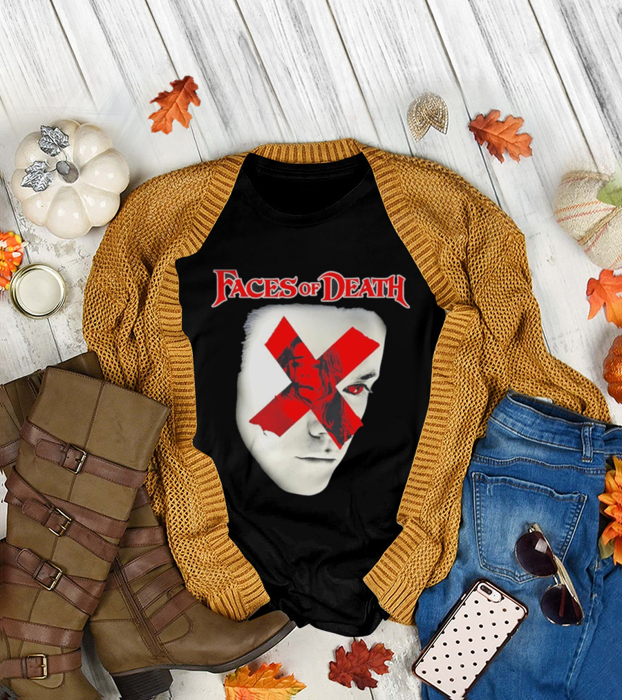 Faces Of Death Horror Movie Red X Iconic Scream Mask T-Shirt