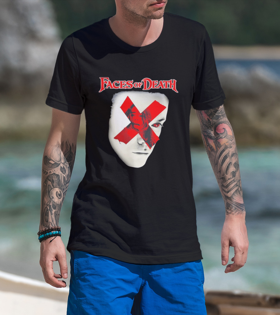 Faces Of Death Horror Movie Red X Iconic Scream Mask T-Shirt