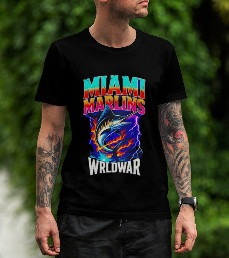 Miami Marlins Wrldwar Lightning Flame Marlin T-Shirt