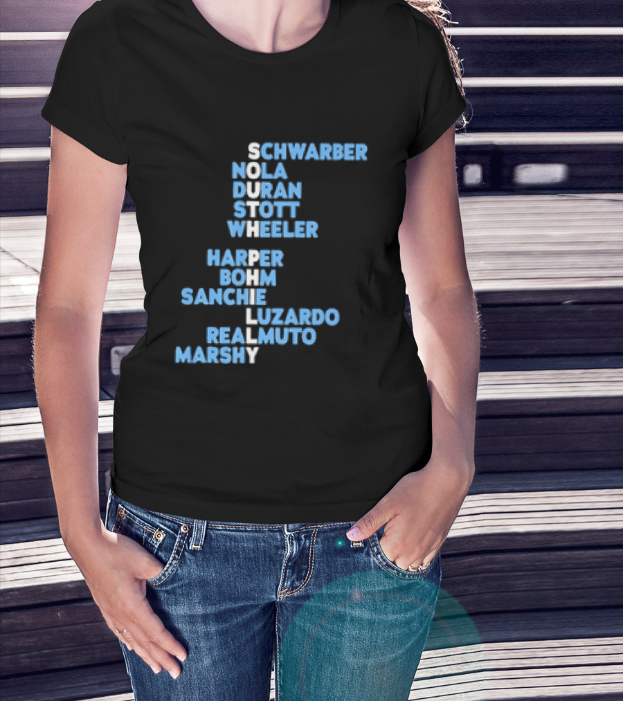 Philadelphia Phillies South Philly Baseball Player Names 2026 Schwaber Nola Duran Stott Wheeler Harper Bohm Sanchez Luzardo Realmuto Marsh T-Shirt