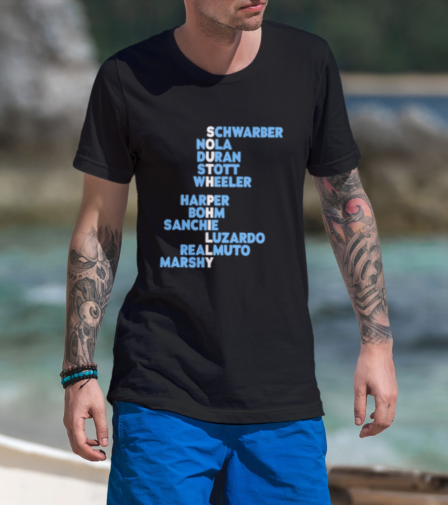 Philadelphia Phillies South Philly Baseball Player Names 2026 Schwaber Nola Duran Stott Wheeler Harper Bohm Sanchez Luzardo Realmuto Marsh T-Shirt