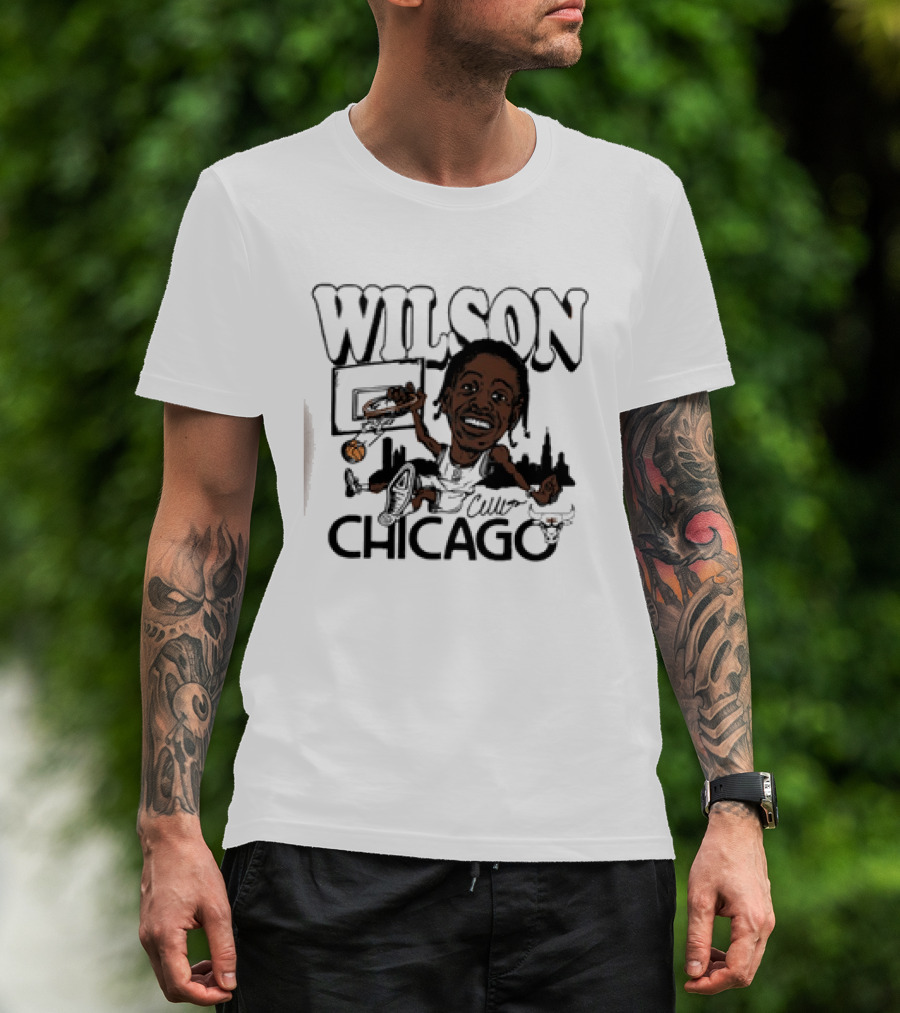 Wilson Dunking Basketball Caricature Chicago Bulls Skyline T-Shirt