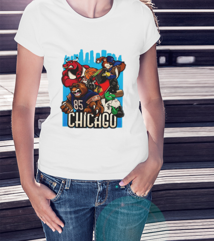 Chicago Bulls Bears Blackhawks Cubs White Sox Sports Team Characters T-Shirt